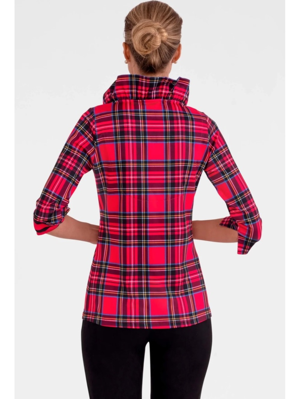 Gretchen Scott Red Plaid Ruff Neck Top | 3/4 Sleeve Preppy Blouse Size Large - Picture 3 of 9
